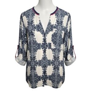 Soft Surroundings Navy & Cream Printed Tunic with Pink Trim